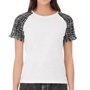Maje Tiacou Tweed Sleeve Tee White and Black Top Size 3 Large